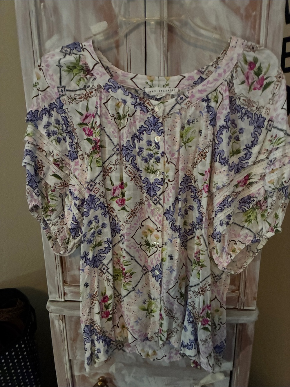 Jane and Delancey Floral Patchwork Blouse in Lavender, Pink and Green